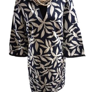 Trina Turk Alena Navy and White Leaf Print Tunic Dress Fully Lined, Size 2, NWT